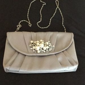 Fabulous gray satin evening bag. With two straps.